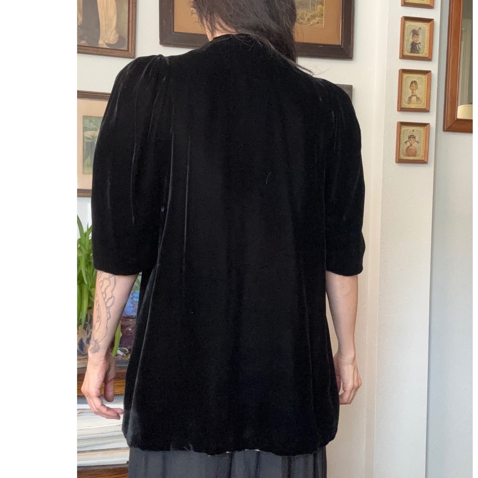 Vintage 30s 40s Black Silk Velvet Evening Jacket Puff Sleeve Trapunto Quilted