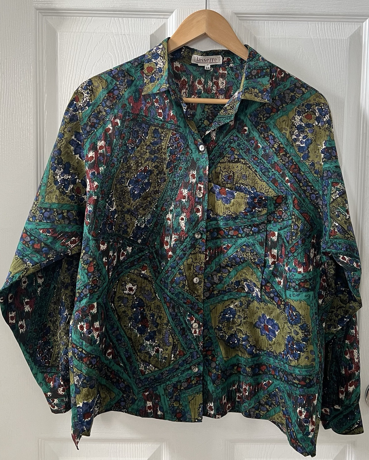 Vintage 80 LASSERRE Paris Floral Green Top Blouse Sz 44/12 US France Luxury Soft