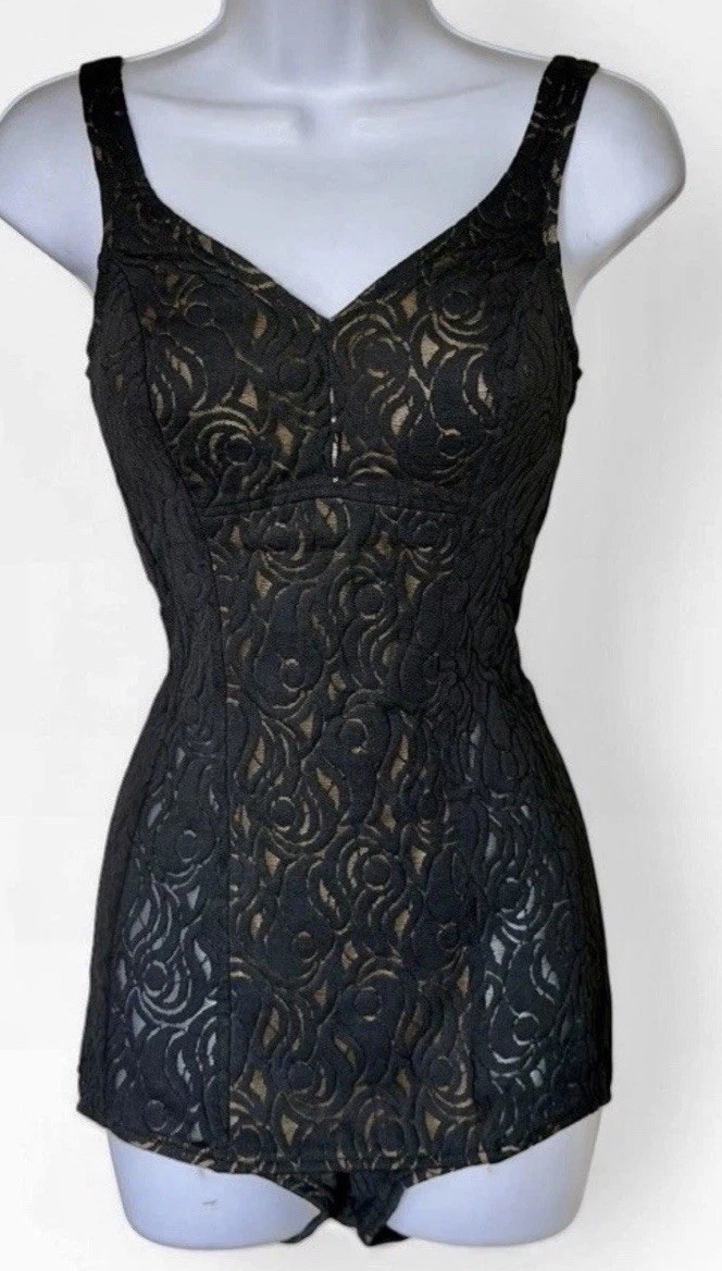 Vtg 60s Jantzen Pin Up Black Lace Bathing Suit 14 Runs Small Bullet Bra USA