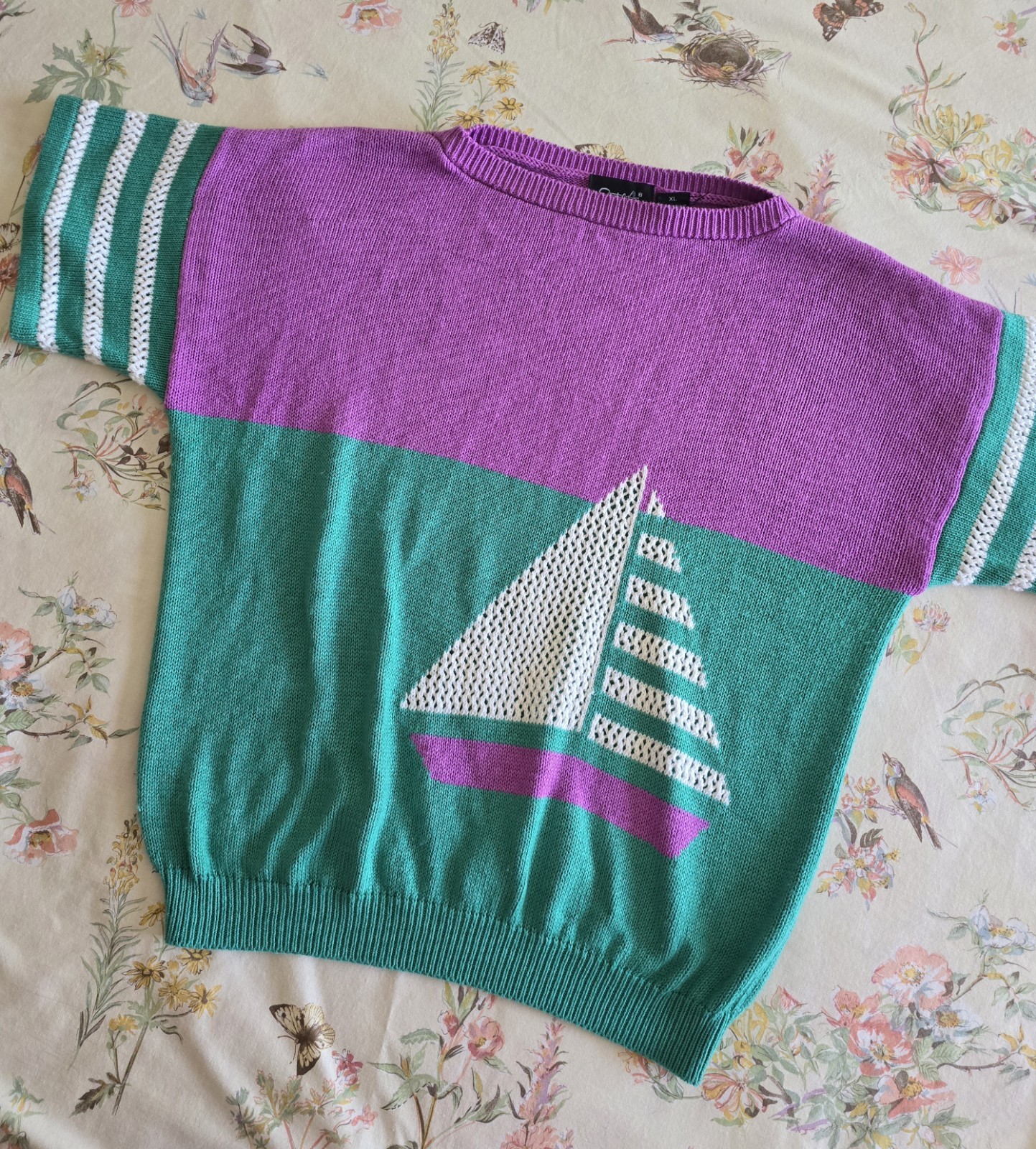 Vintage 1980s Catalina Sailboat Blouse Pastel Sweater Womens Large XL Nautical