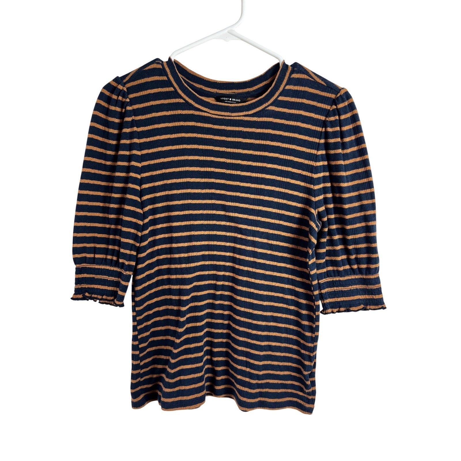Lucky Brand Striped Puff Sleeve Knit Top Size Small Navy Brown Preppy Casual