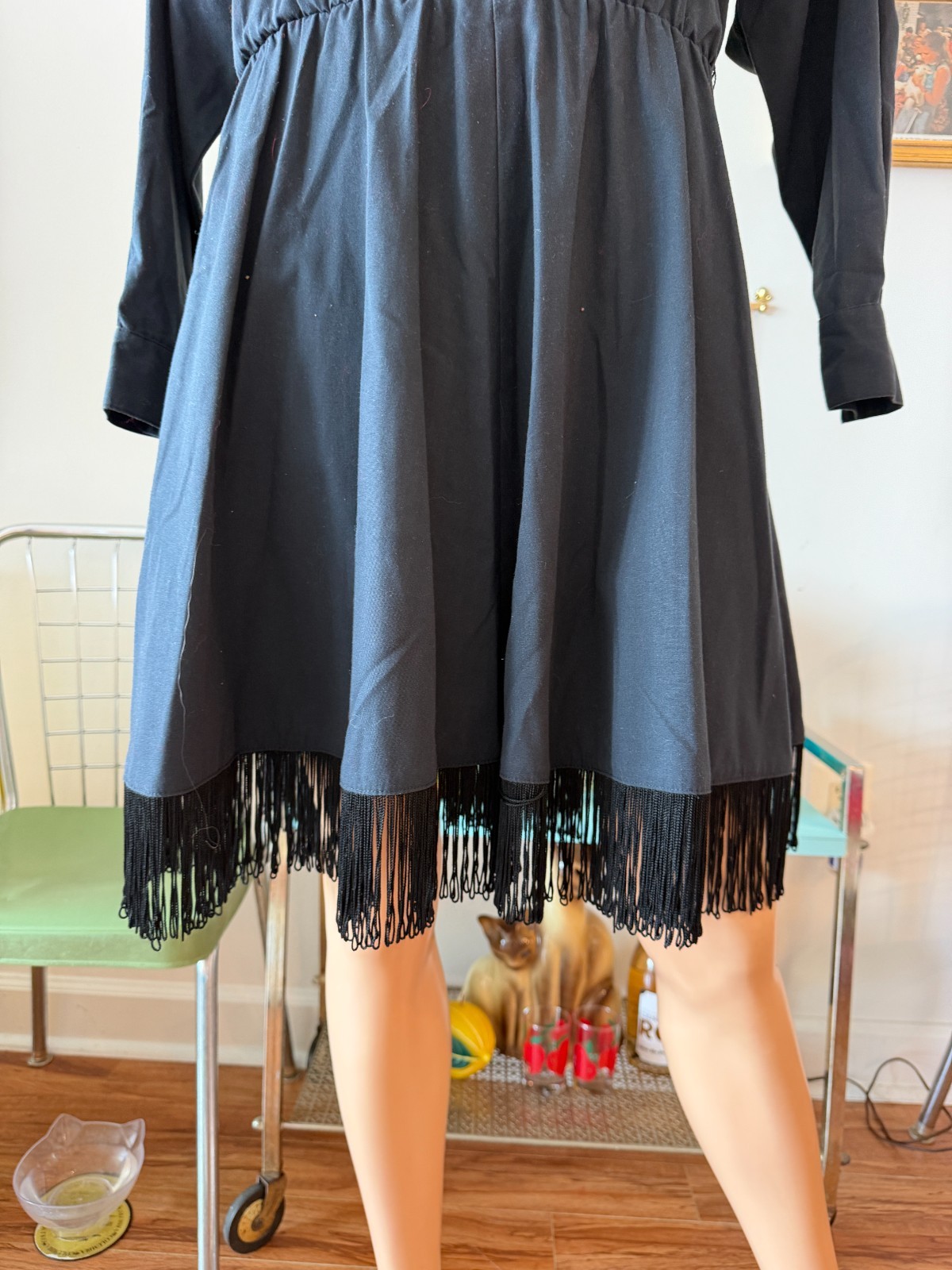 🤠 Vtg 80s does 50s Western Square Dance Cowgirl Fringe Shirtwaist Party Dress M