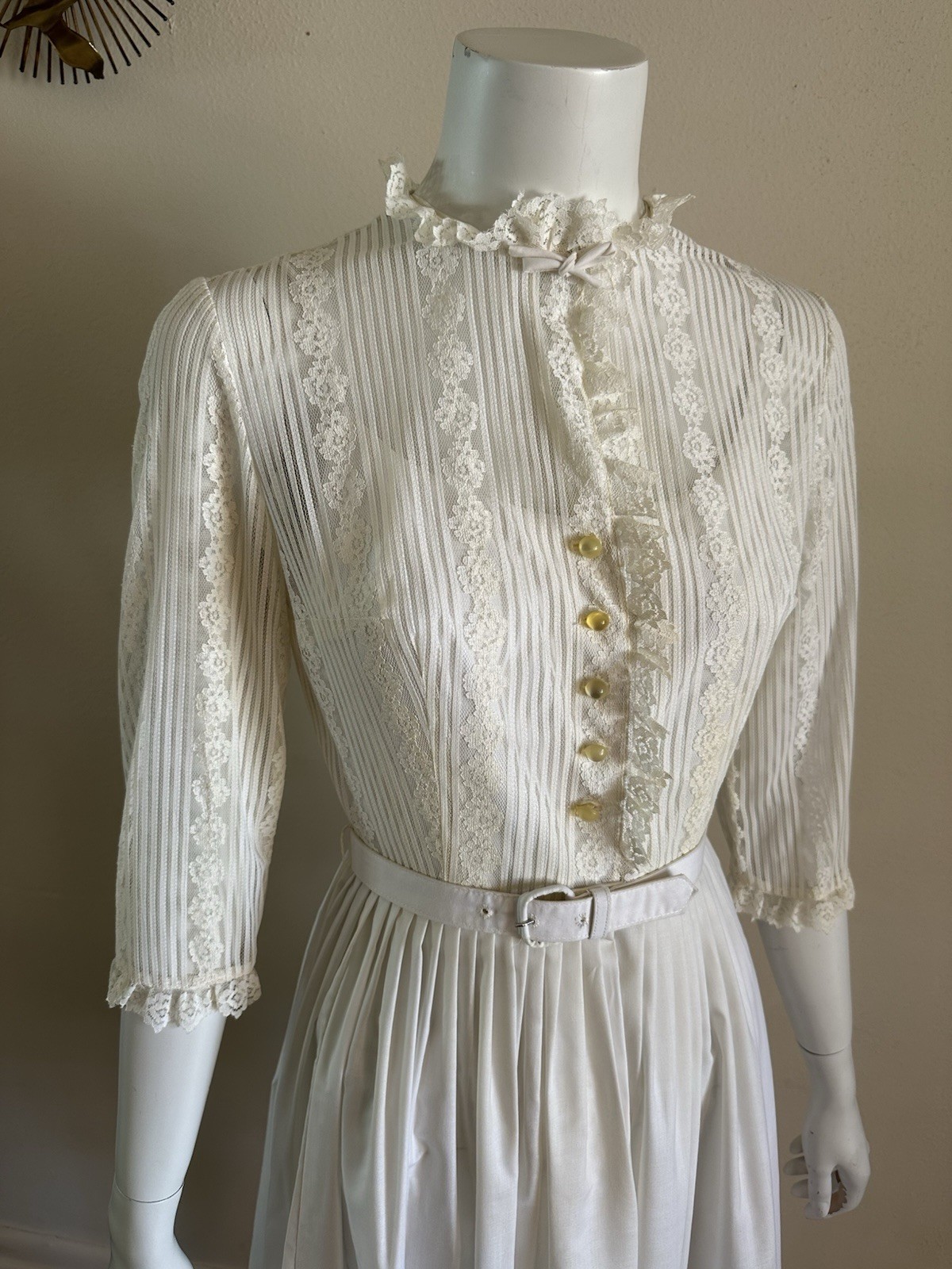 1960s 70s Judy Rhodes Victorian Revival Pleated Lace Dress Prairie Romantic VTG