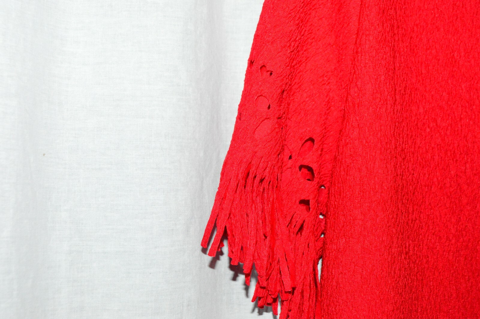 MaxiMa Red Floral Vintage Drop Waist Dress Large Fringe Open Cut Polyester USA