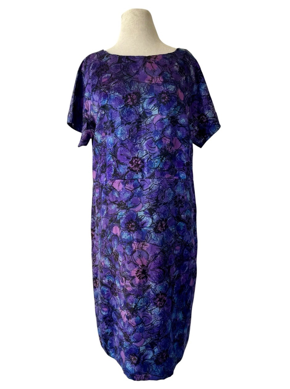 Vtg 60s Purple Blue Floral Dress XL Midi Handmade 50s Retro Rockabilly