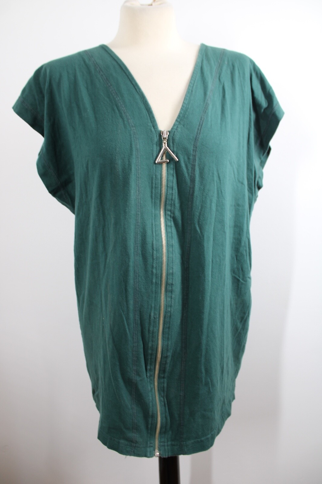 Vtg 80s Best Clothes Club L Green V-Neck Zip Front Boxy Cotton Tunic Top Vest