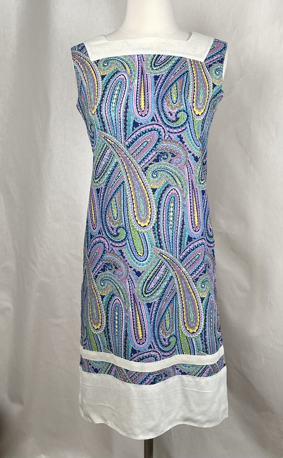Paisley Shift Dress Vintage 1960s XS Sleeveless Blue Purple Yellow Handmade