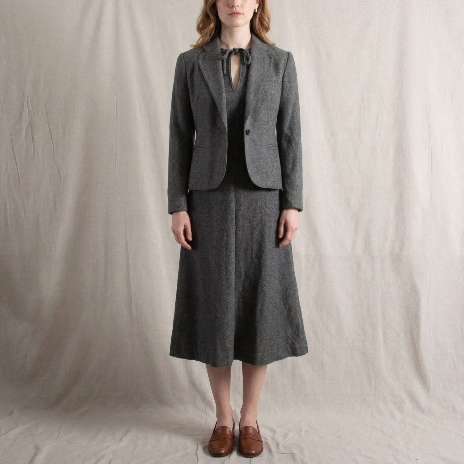 Vintage 70s Diva Evan-Picone Gray Wool Suit Dress Set Blazer Jumper Dress Small