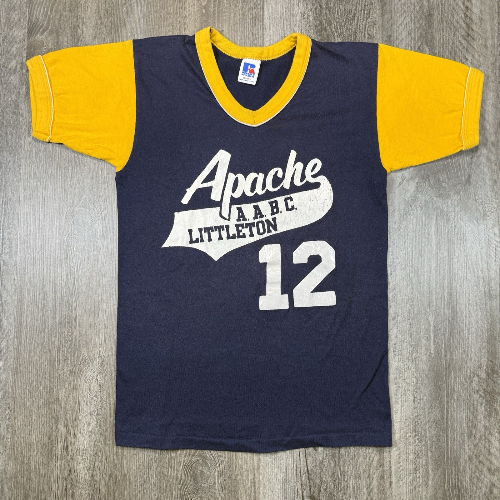 Vintage 80s Russell Athletic Ringer T Shirt Apache Littleton Youth L Women XS/S