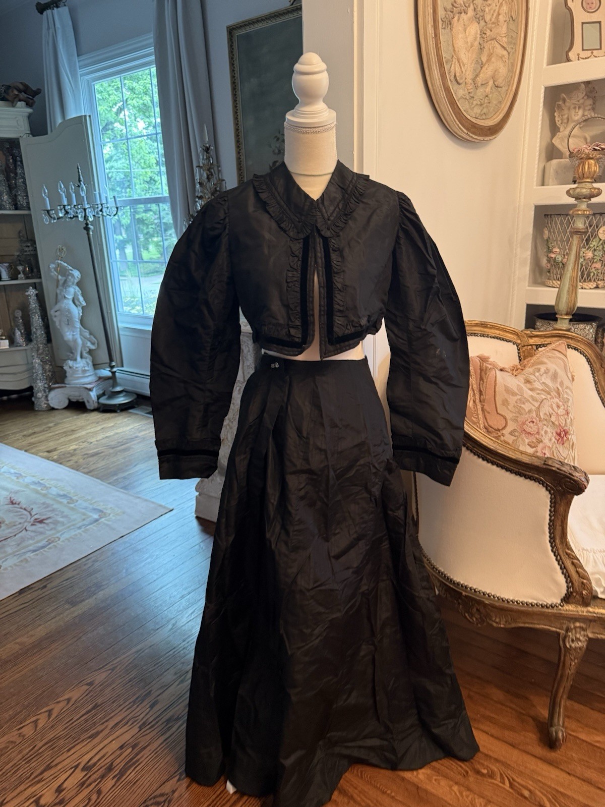 Antique Victorian Edwardian Skirt Dress Shirt Black Mourning Clothing Women Vtg