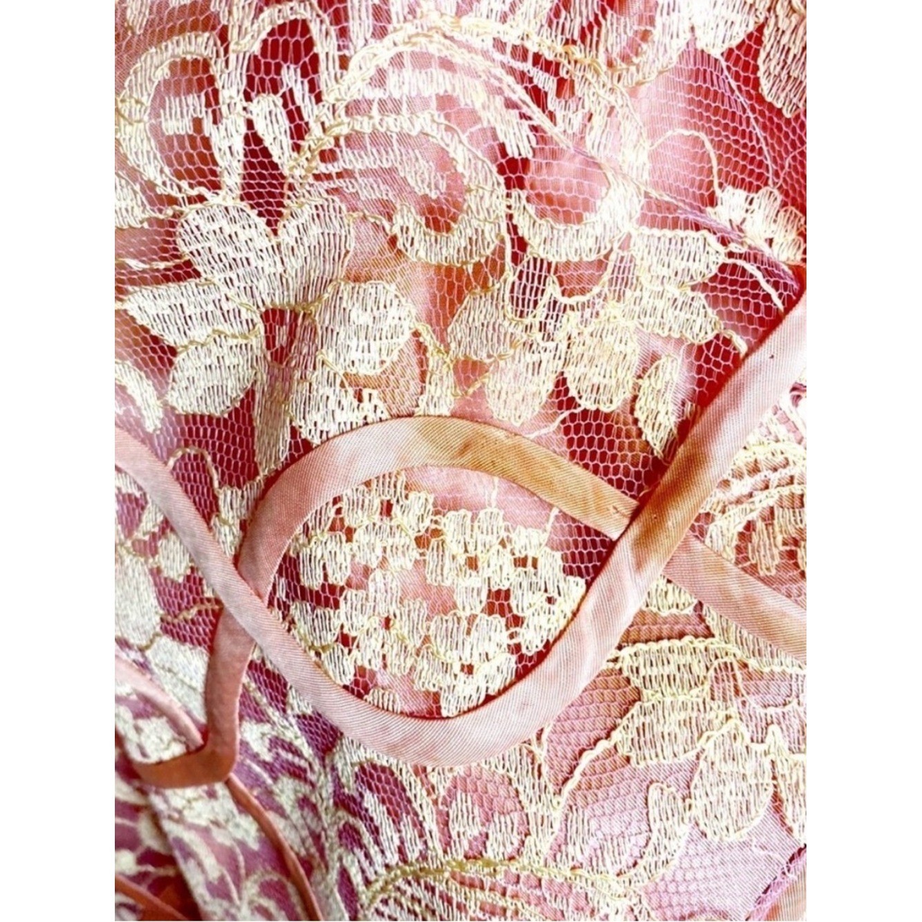 VTG 50s Gloria Swanson Forever Young Pink Lace Belted Party Tea Midi Dress Sz. M