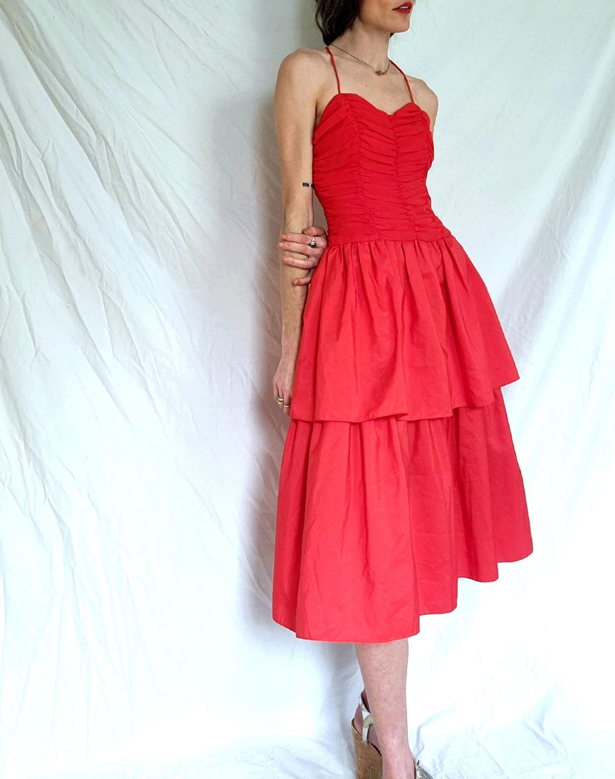 1970s Vintage Ruched Red Party Dress: Joy Stevens, Women’s Small