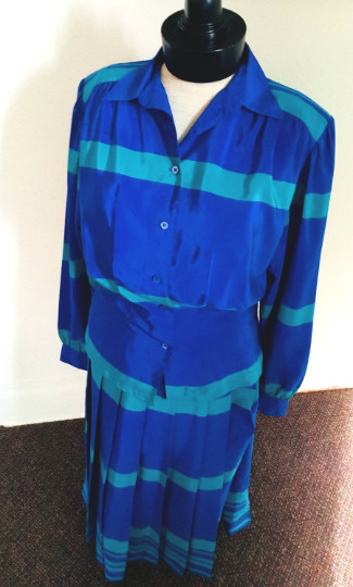 80’s Vintage Blue Green Striped Blouse Skirt Set