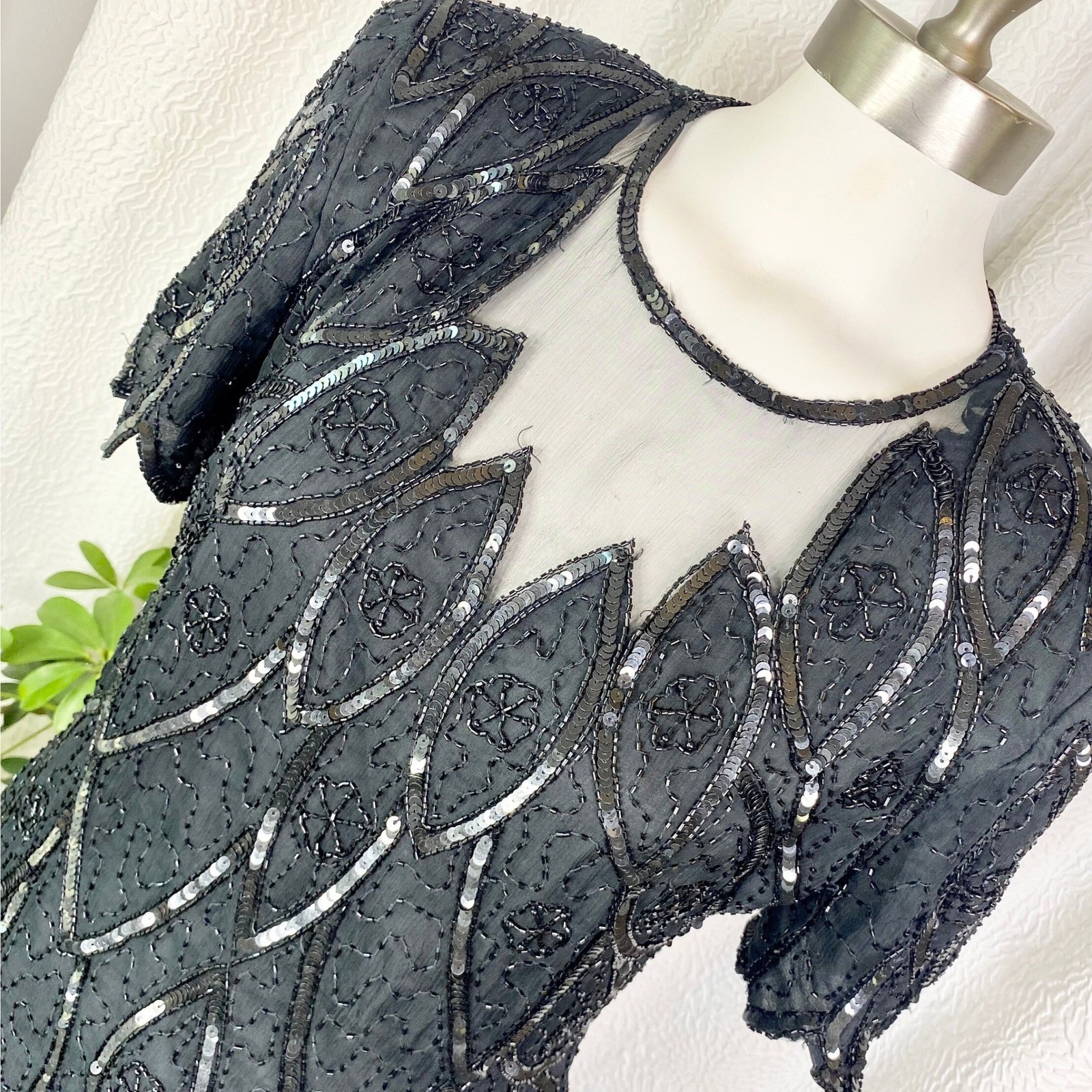 Vintage 100% Silk Black Sequin Top, Beaded Embellished, Size Medium