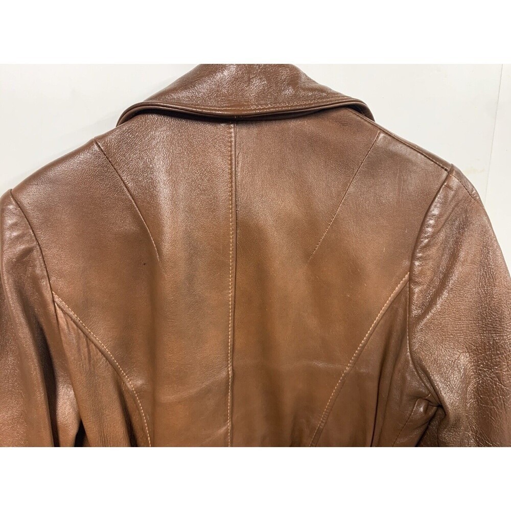 Hoffmans Vintage Brown Leather Satin Lined Womens Belted Jacket 70s Size 12