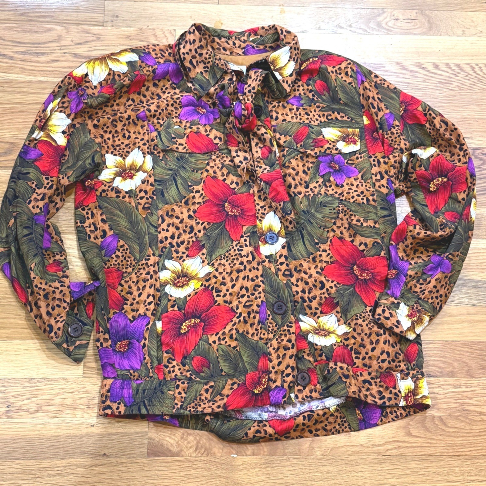 SK & Company Vintage Leopard Floral Rayon Tie Neck Button Up Jacket Womens 10