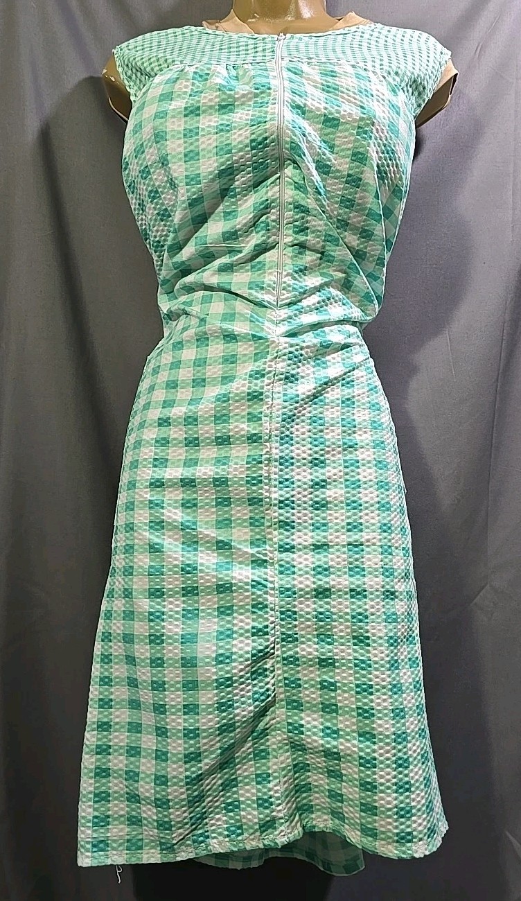 Sexy Retro Housecoat Housedress 1/2 Zip With Pockets Green Gingham 2X