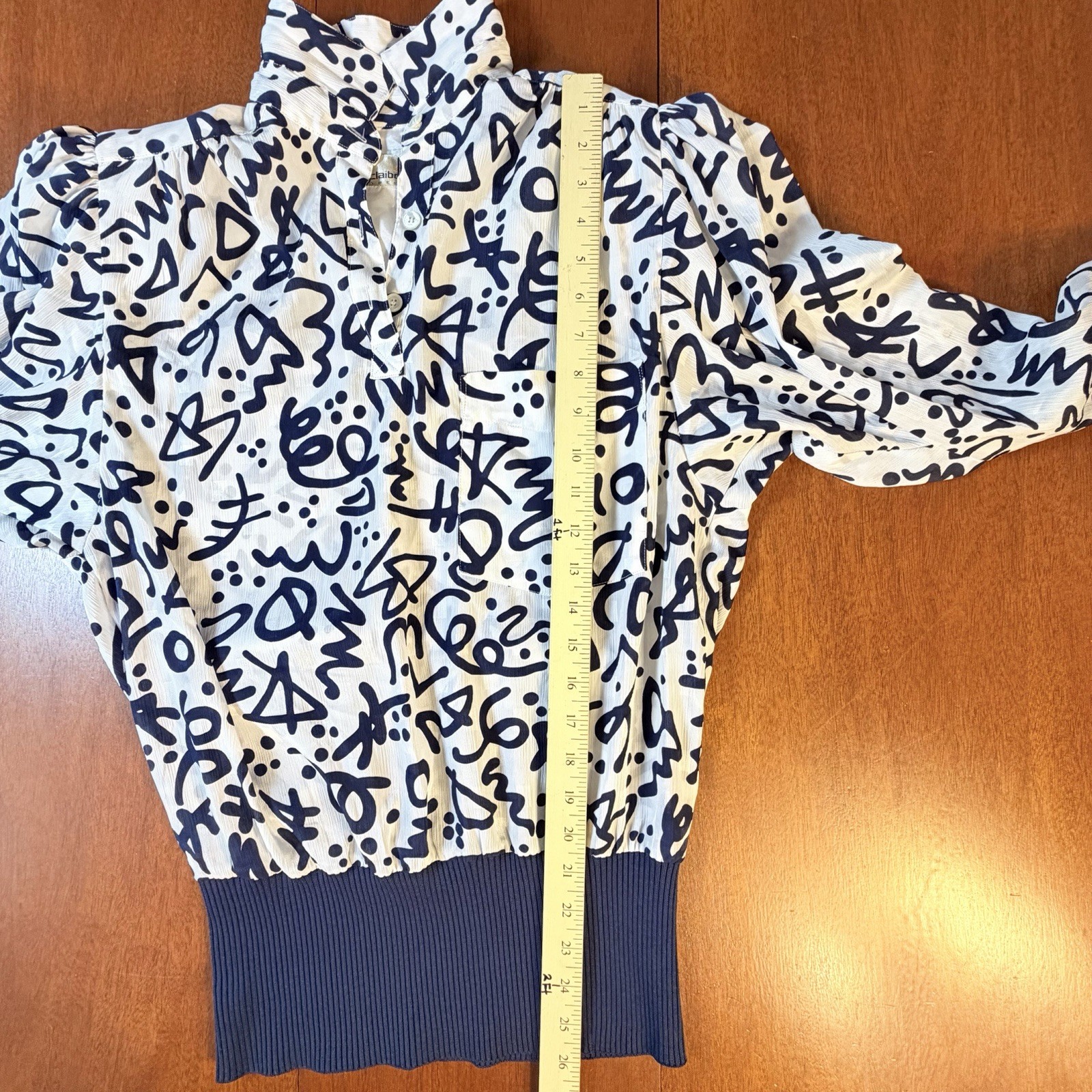 VTG 80s Liz Claiborne 2-Pc Blouson Top & Midi Skirt Navy Graffiti Print Small
