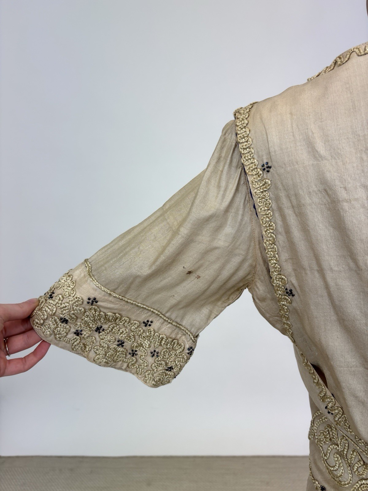 Antique Edwardian 1910s Beige Silk Day Dress Cording Blue Beads Wrap Bodice