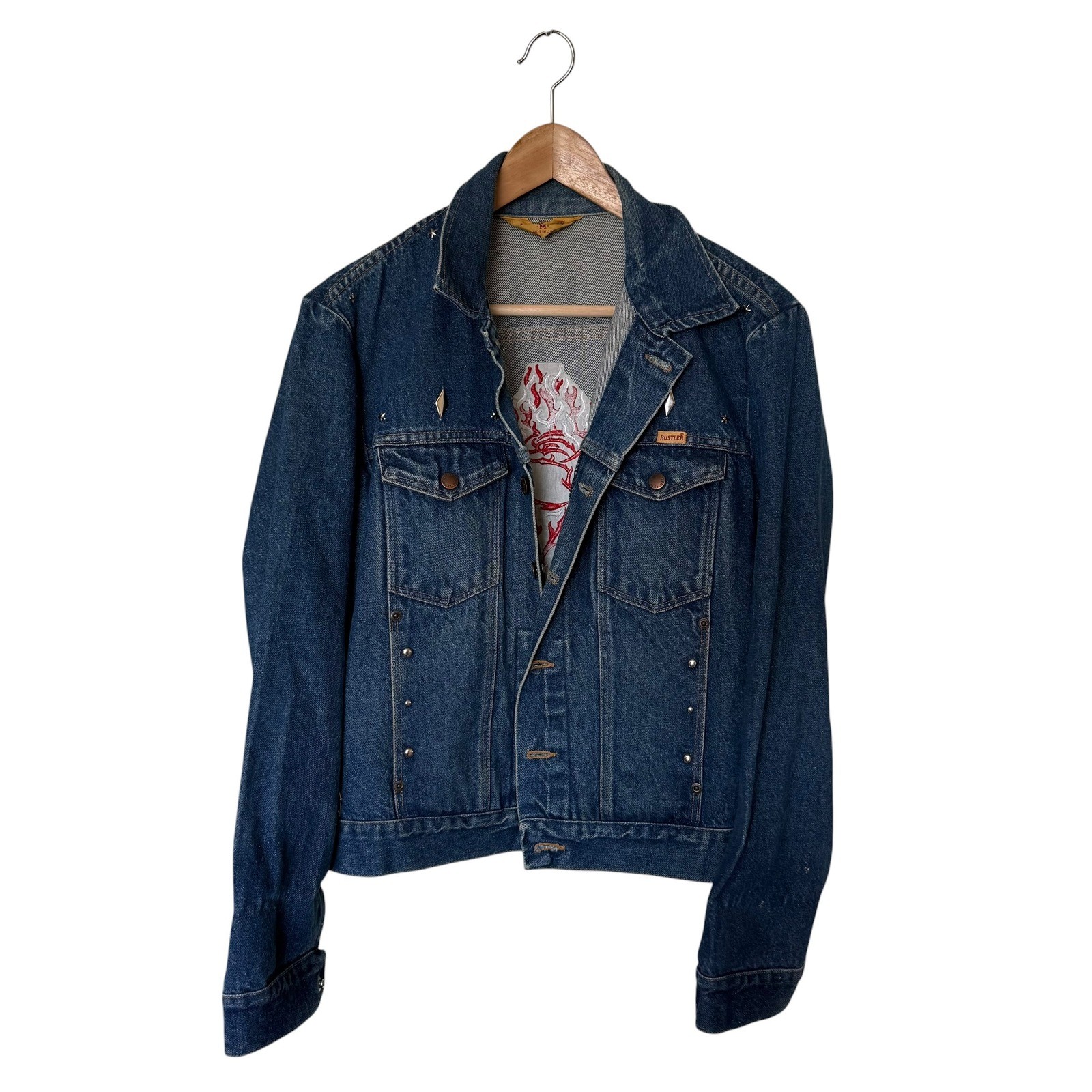 Rustler Denim Jacket Women Medium Blue Exc. Studded Embroidered Flaming Rose