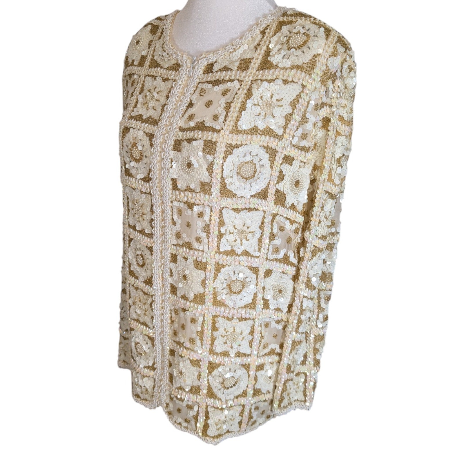 Galleria International Vintage Silk Beaded Sequin Jacket Gold Cream Floral Sz 14