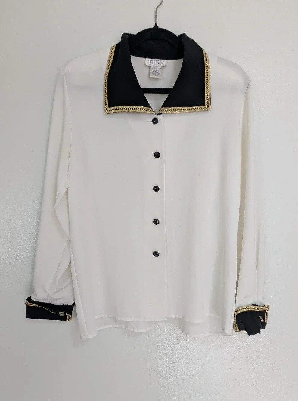 Vintage Tess Size 8 White & Black Colorblock Gold Trim Secretary Blouse