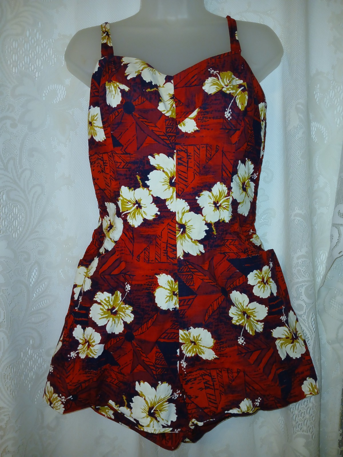 Vintage 60s Royal Hawaiian Tiki Red Hibiscus Polished Cotton Romper Playsuit M