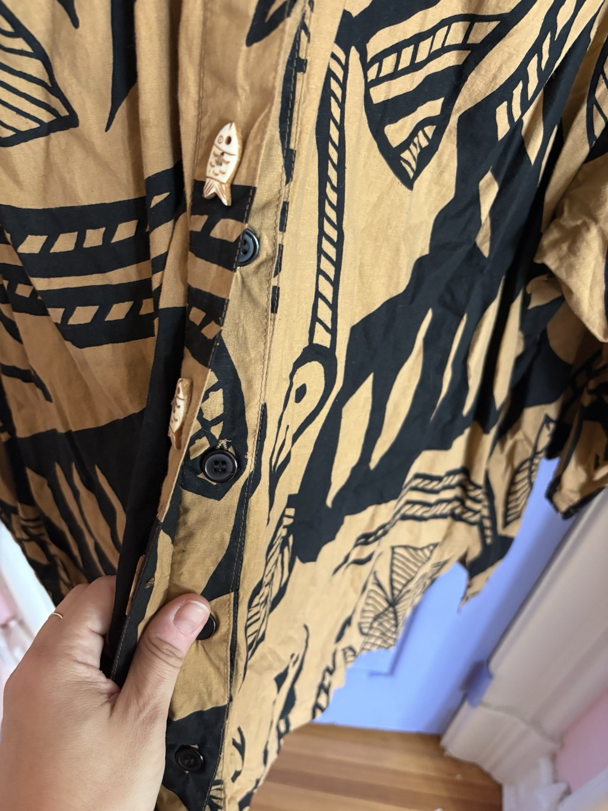 Vintage Plus Size Printed Cotton Tunic with Black Fish Leaf Pattern Size 1X-2X