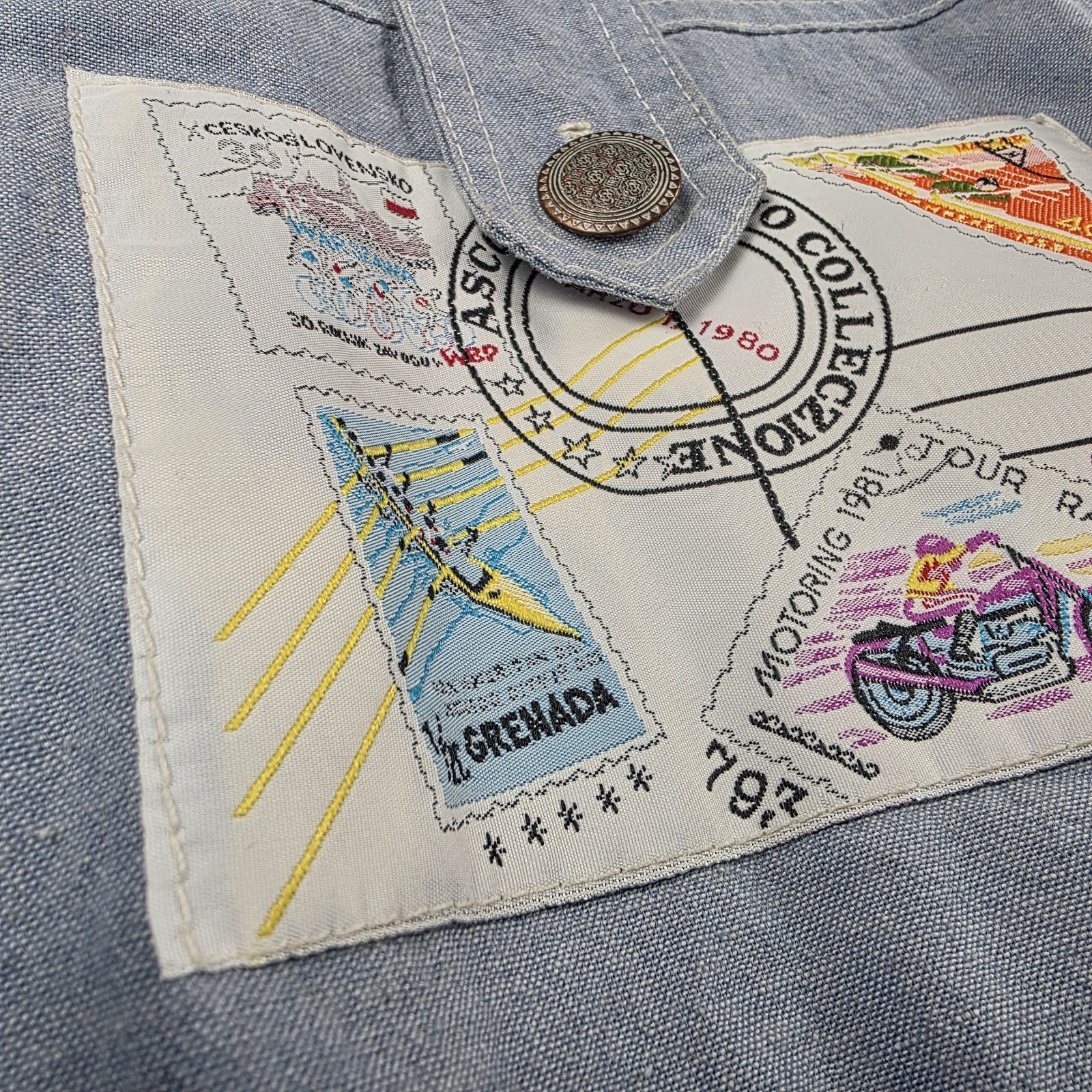 Madness Vintage USA Chambray Bodysuit Womens S Artsy Travel Americana Patches