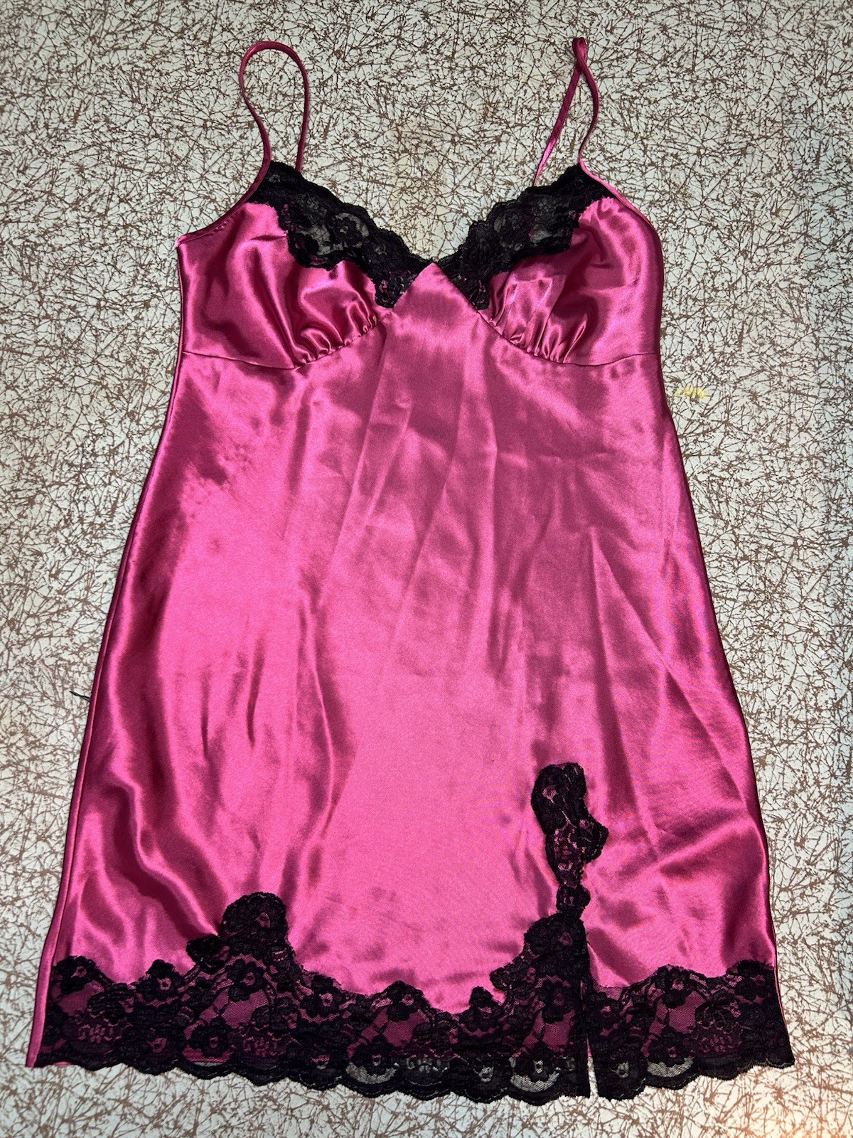 VTG 90s Y2K Pink Liquid Satin Slip Chemise Nightgown Black Lace Trim S Classic