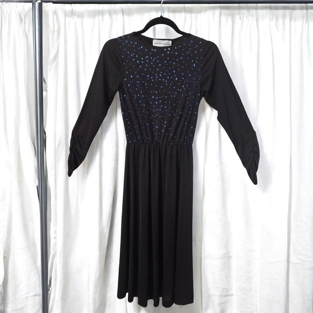 Christine Von Lumbe Vintage 70s Black Blue Glitter Dress ILGWU Ruched Sleeve 4