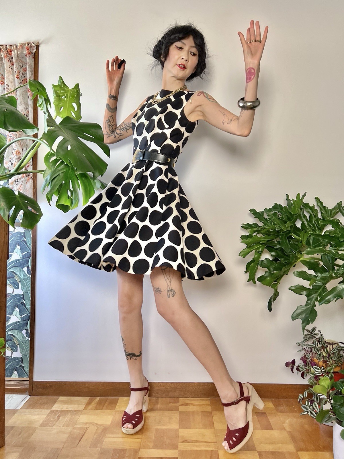 VTG 60s does 50s SABA CA Polka Dot Circle Skirt Dress Bullet Bust Mod S/M
