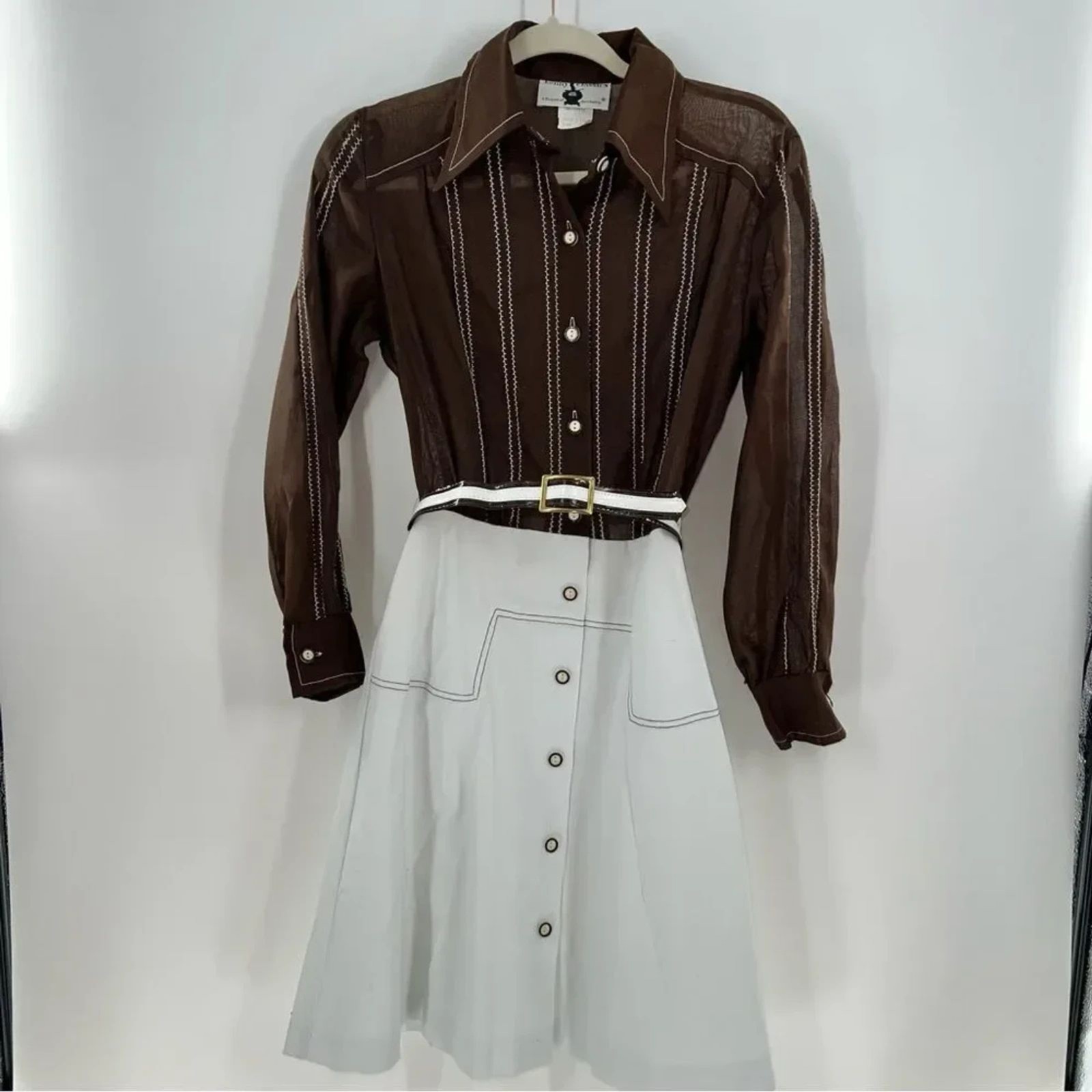 Kenny Classics 60s Sheer Brown Blouse w/Solid White Skirt Accent Stitching-Sz 8