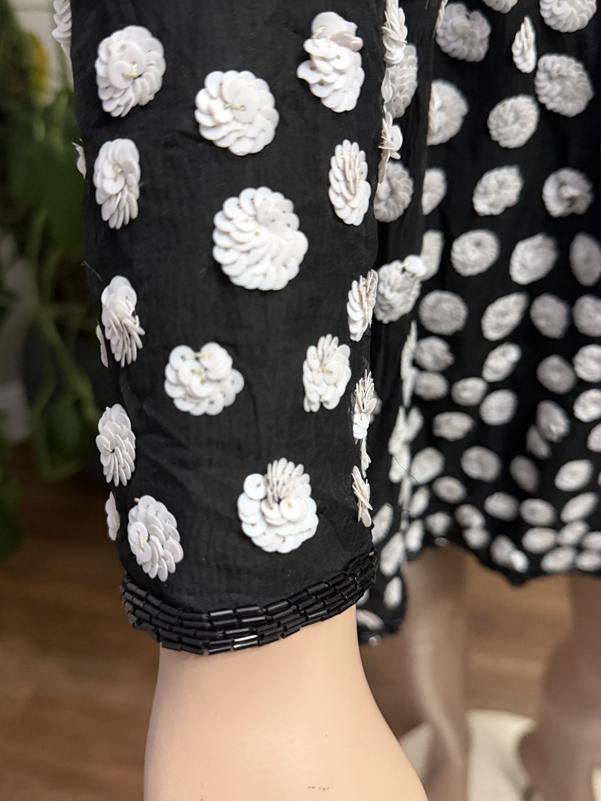 Vtg Judith Ann Creations 100% Silk Beaded Sequin Jacket Black White Polka Dot M