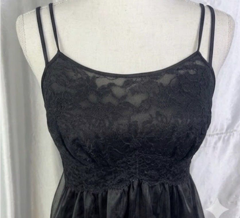 Vintage Vanity Fair Black Chiffon Nightgown Size 30 XS Extra Small Sleeveless