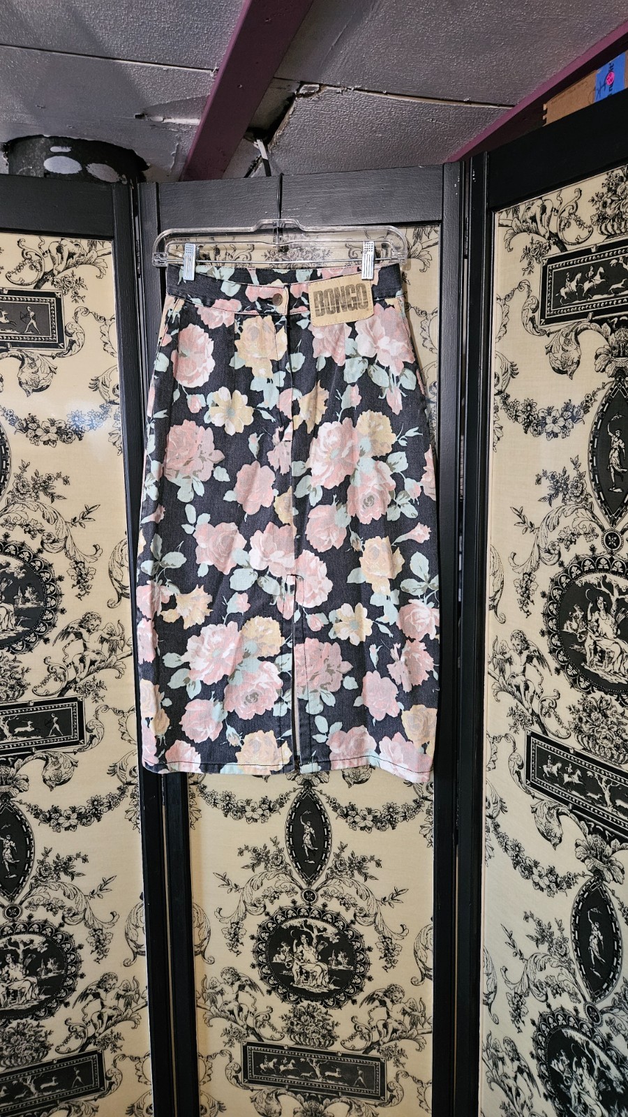 Vintage Bongo Faded black Rose motif jean skirt buttons and front slit