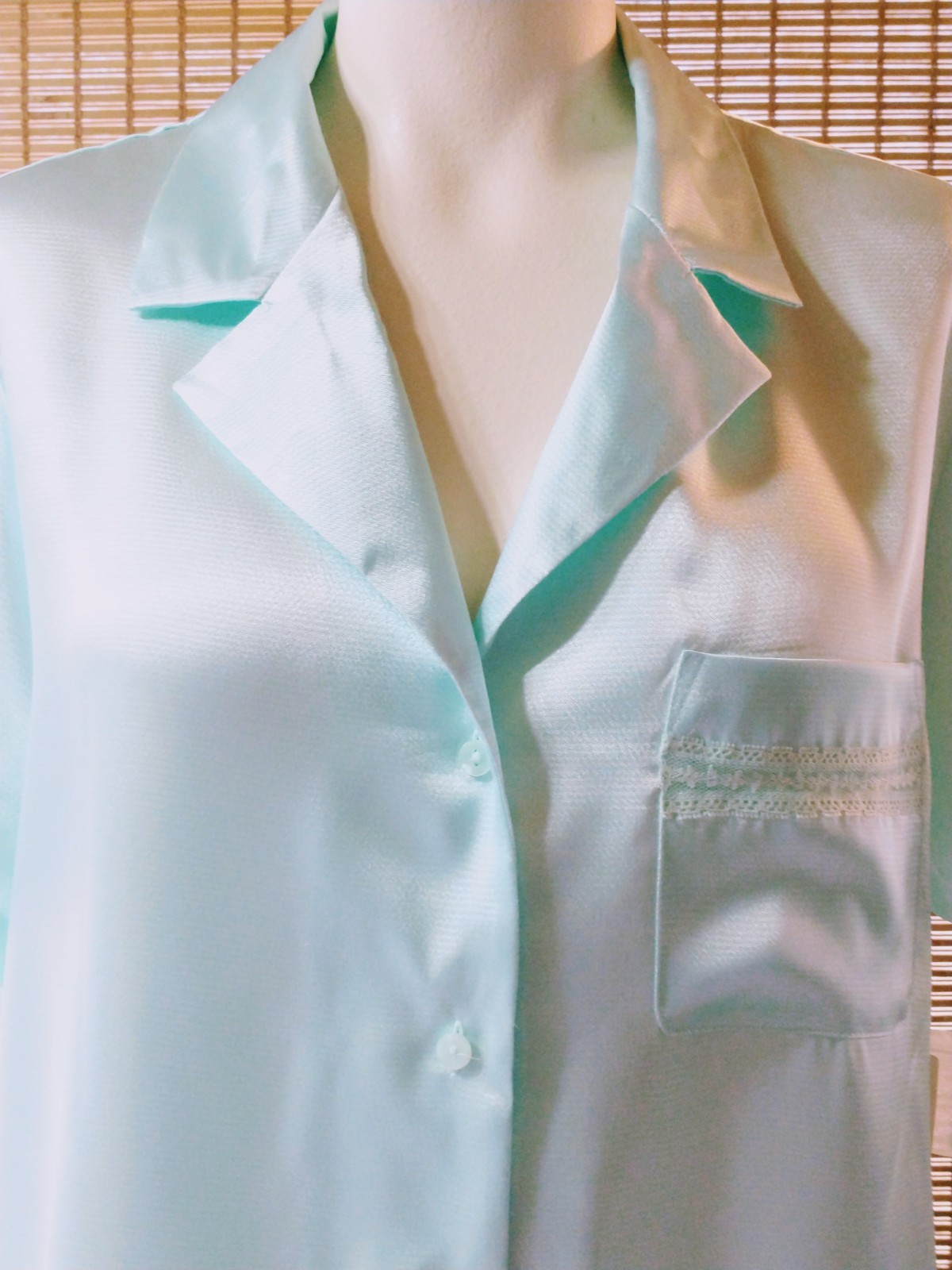 Vintage Adonna Pajama Set Pale Aqua Short Sleeve w Pocket Satin Poly Sz LG NWT
