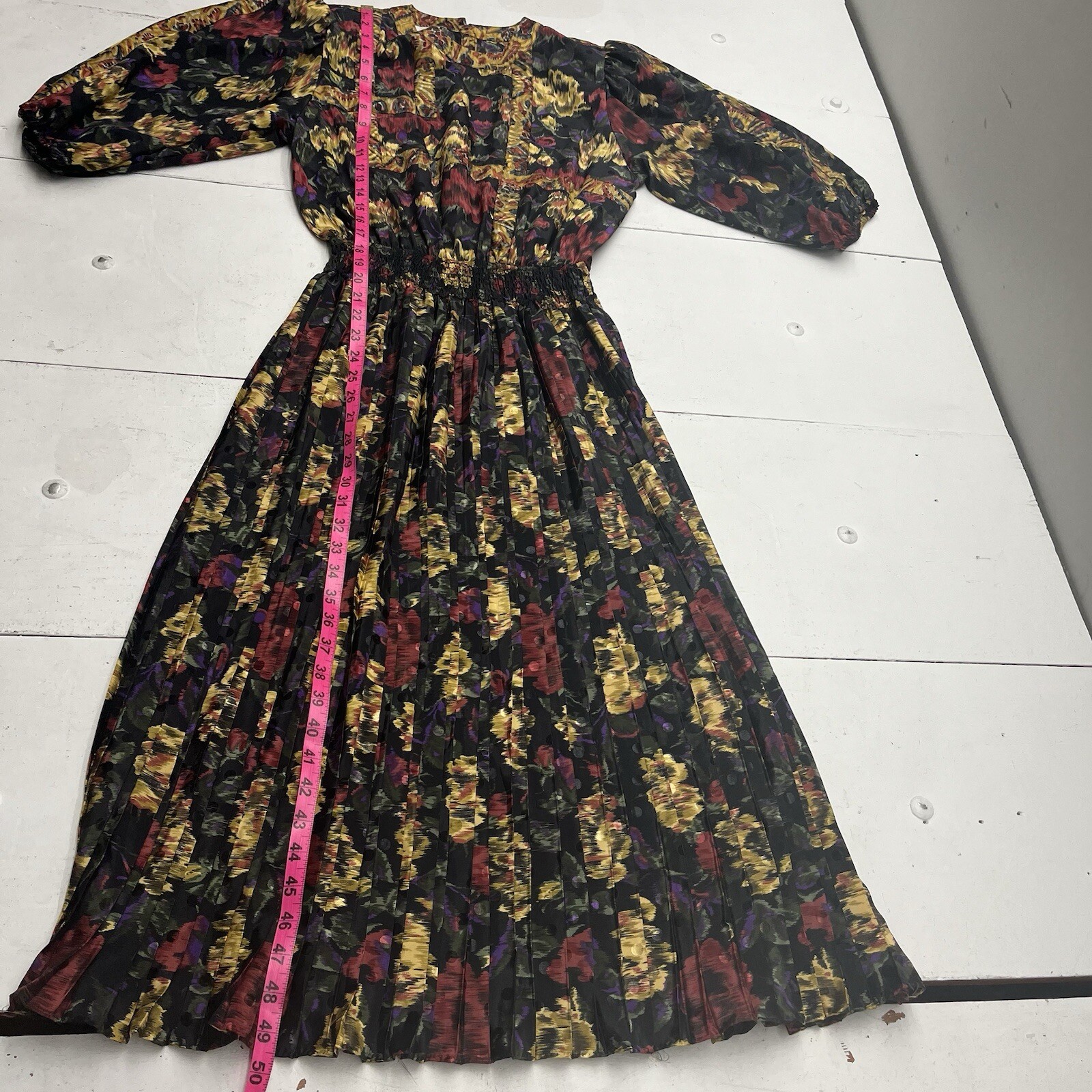 Vintage 80s Susan Freis Multicolor Pleated Dress Abstract Floral USA Womens S