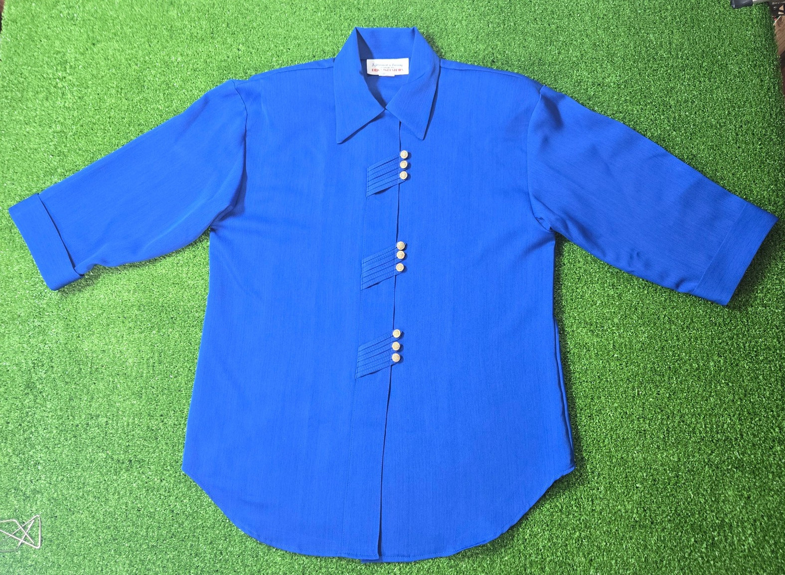 Reina Industries Sz 8 Shirt Top Electric Blue Oriental Button 3/4 Cuffed Sleeve
