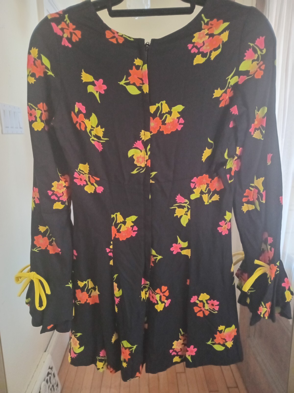 Vintage 60s Black Neon Pink Yellow Floral Mini Dress Mod Go Go Hippie Rare S