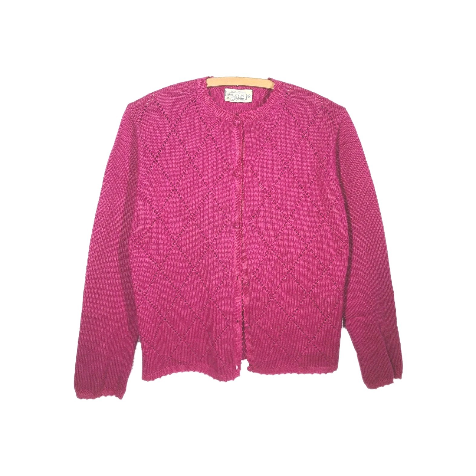 Vtg 60s Magenta Cardigan Sweater 100% Wool Crochet Buttons S M Carol Brent Pink