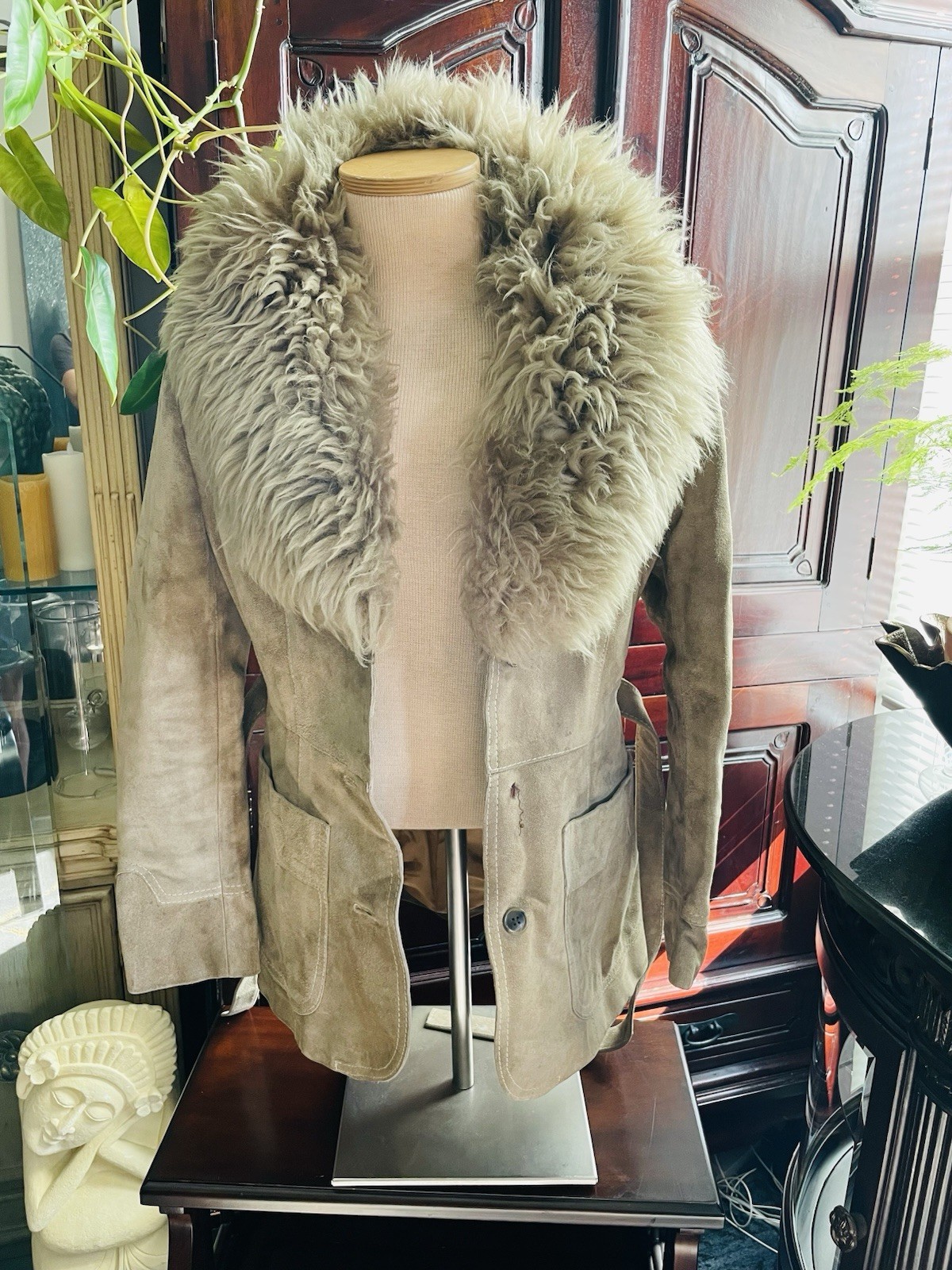 Suede Leather Jacket with Faux Fur Collar
