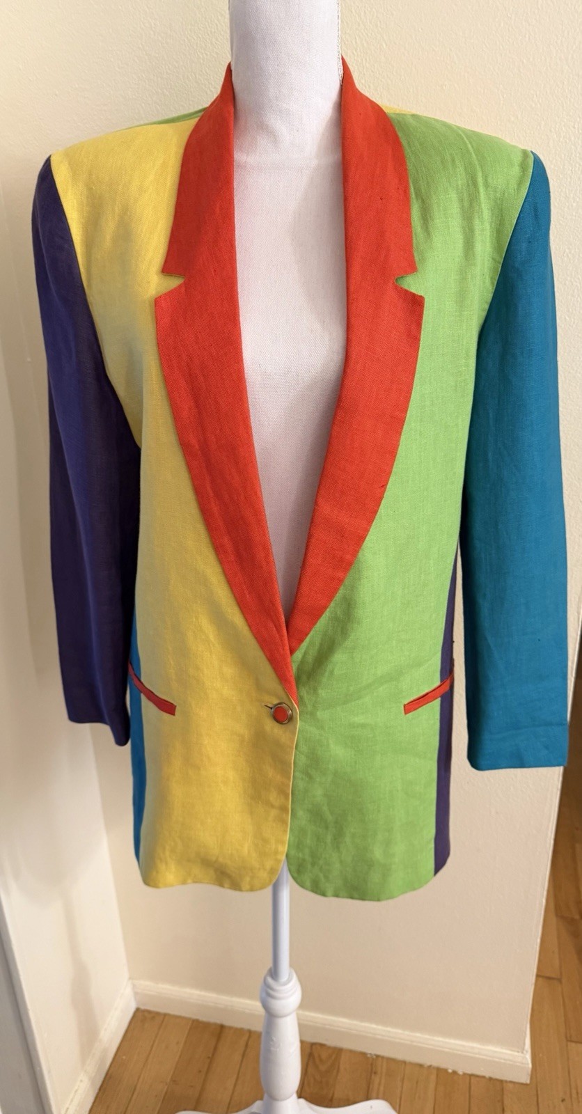 Vintage Colorful Blazer size Small USA Linen Shoulder Pads Long Sleeves