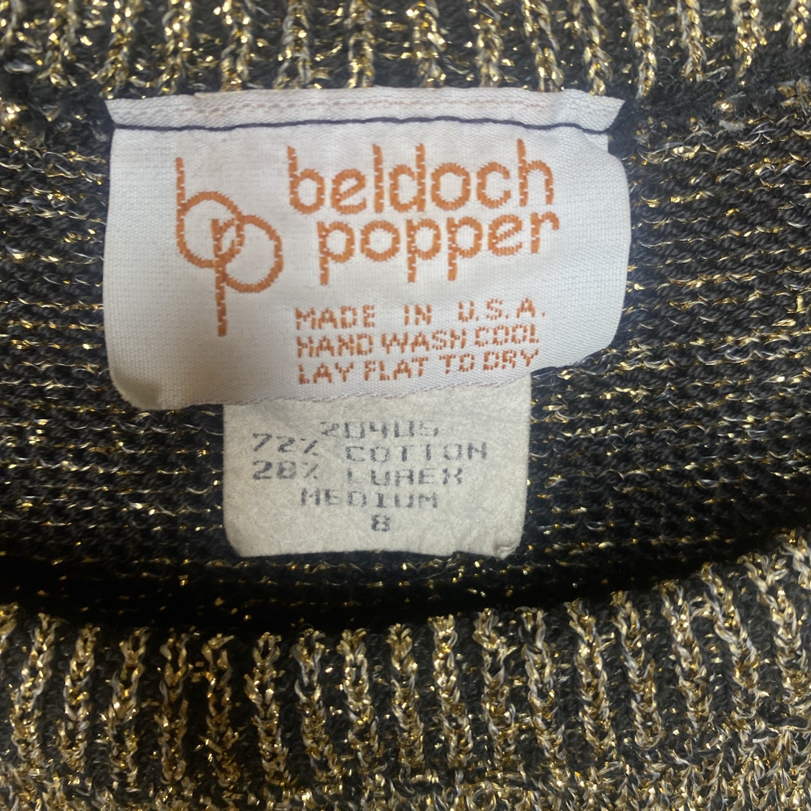 VTG Retro Beldoch Popper Sleeveless Metallic Gold Lured Sz M Knit Holiday Artsy