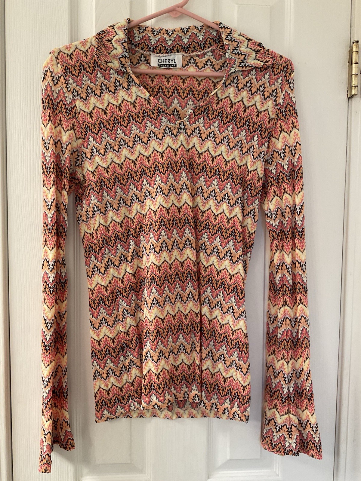 Vintage Y2K Cheryl Creation Tribal Graphic Long Flare Sleeve Top Hippie 70 Disco
