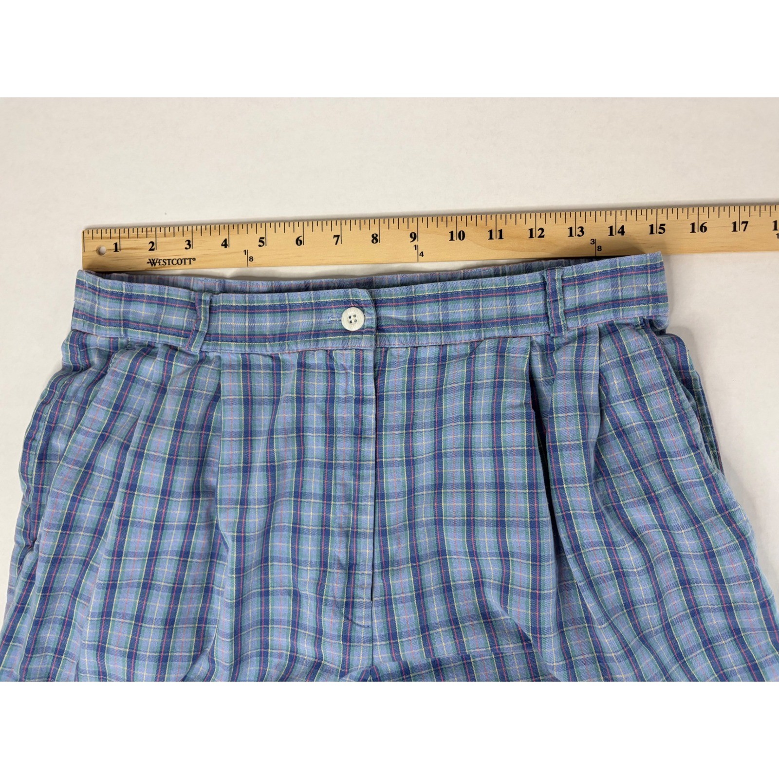 David Brooks Vintage Plaid Pleated Pants Blue Green High Waist Tapered Size 12