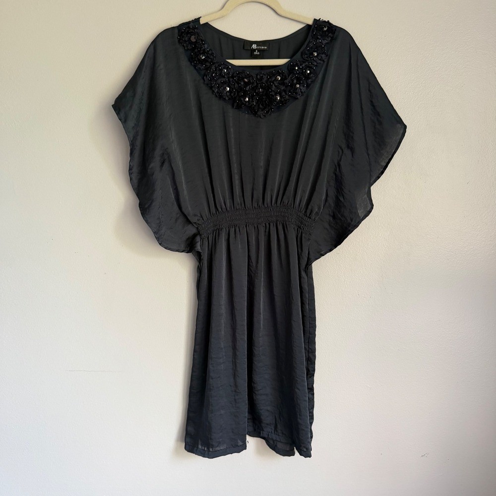 Y2K AB Studio Satin Charcoal Gray Floral Neckline Dolman Sleeve Dress 6