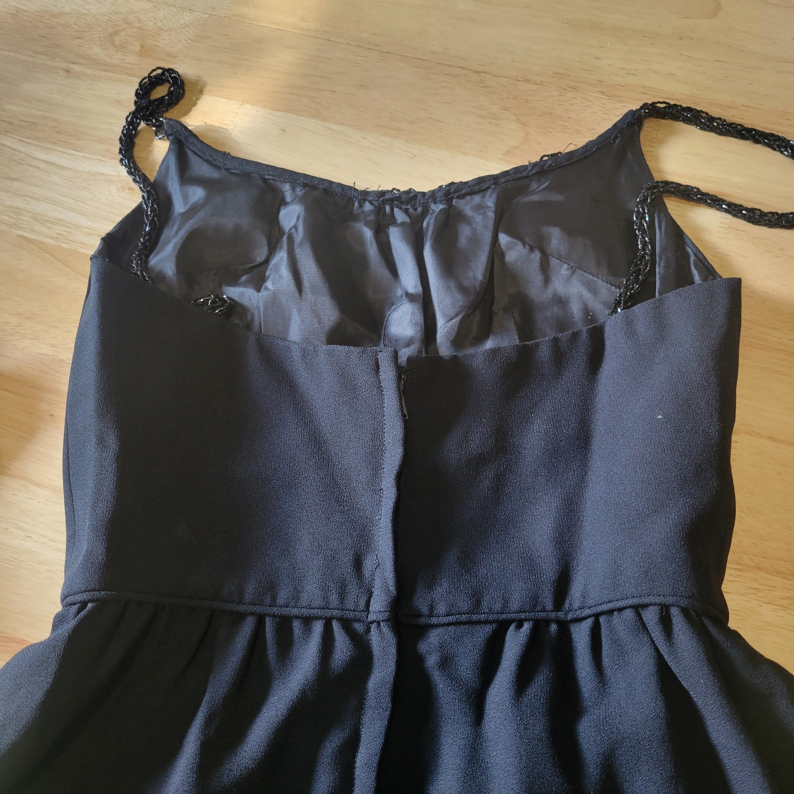 Vtg 1960s Black Crepe Cocktail Dress Beaded Straps XS ILGWU Mid-century Glam