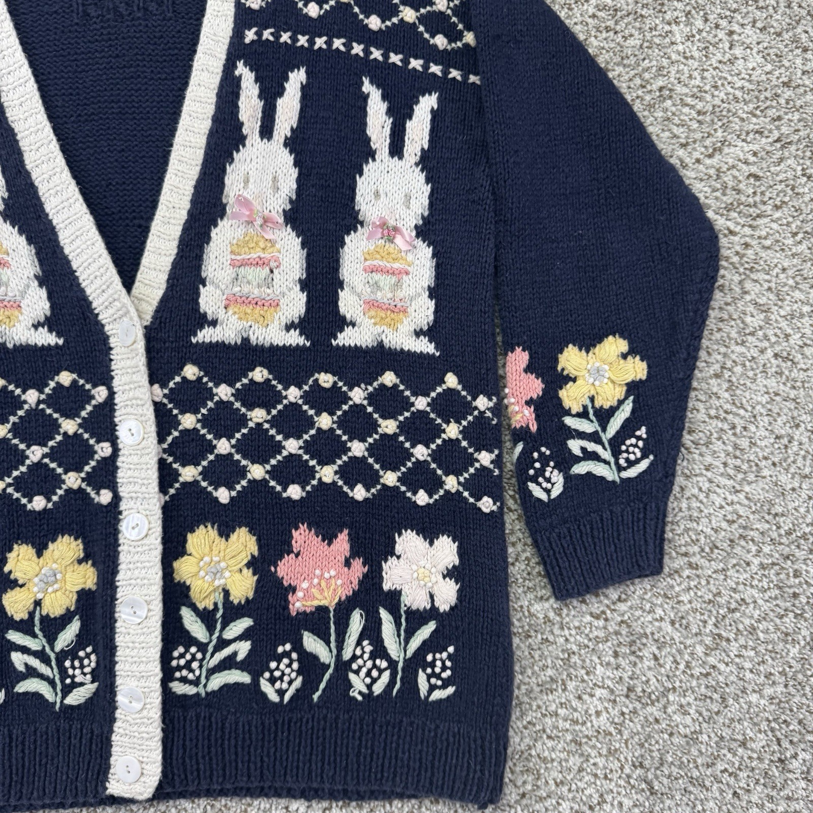 VTG 90s Marisa Christina Sweater Women’s Large Hand Knit Cardigan Easter Bunny