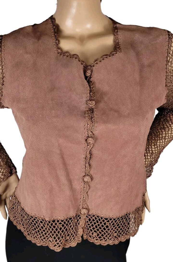 Vtg Y2K Kroshetta By Papillon Brown Leather Suede Crochet Boho Cardigan Top M